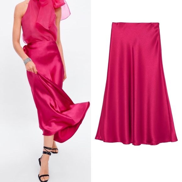 Zara Hot Pink Satin Long Skirt Fuschia 